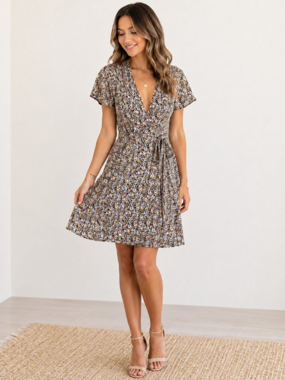 Böhme Floral Wrap Dress Size Large Cottagecore Romantic Flutter Sleeve Midi